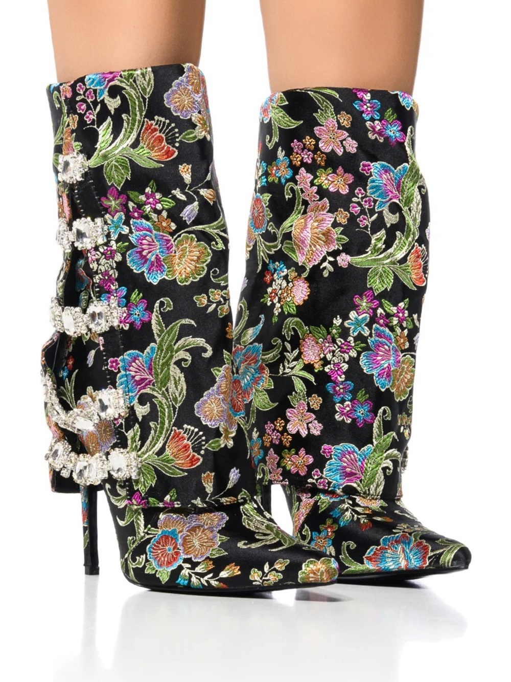 Azalea Wang Tilley Floral Print Foldover Bootie w/ Gemstone Detail